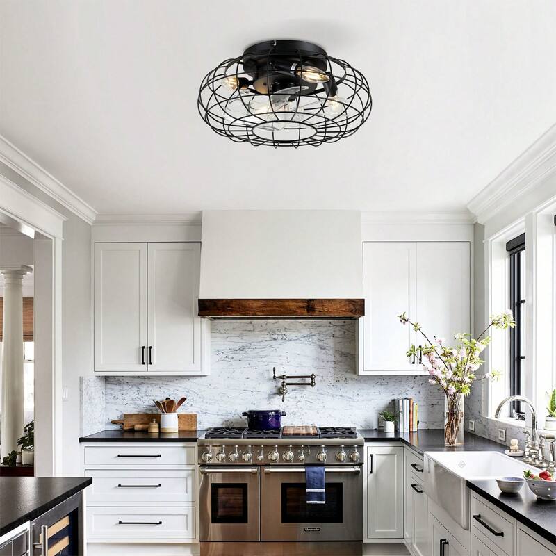 Cusp Barn 20'' Black Low Profile Bladeless Caged Ceiling Fan with Lights and Remote, 6 Speeds Reversible Ceiling Fan for Bedroom