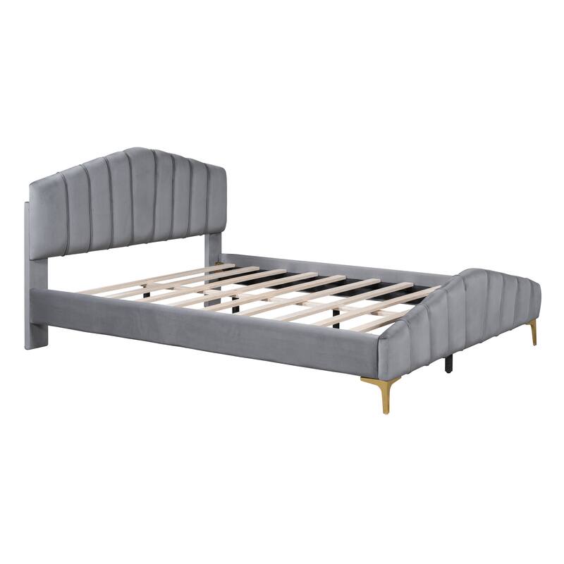 Queen Size Velvet Platform Bed with Metal Bed Leg