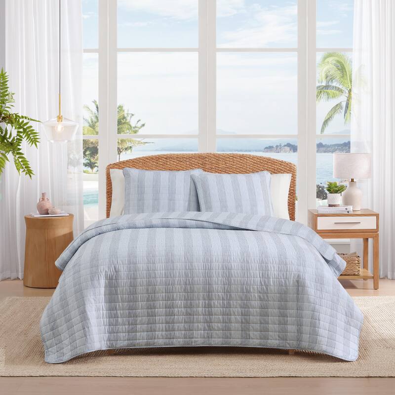 Tommy Bahama Bahama Weekend Stripe Cotton Reversible Blue Quilt Set