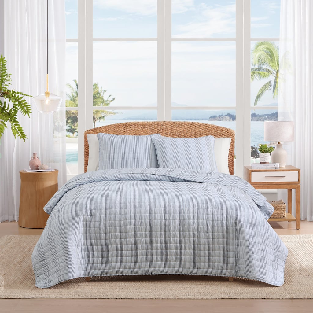 Tommy Bahama Bahama Weekend Stripe Cotton Reversible Blue Quilt Set