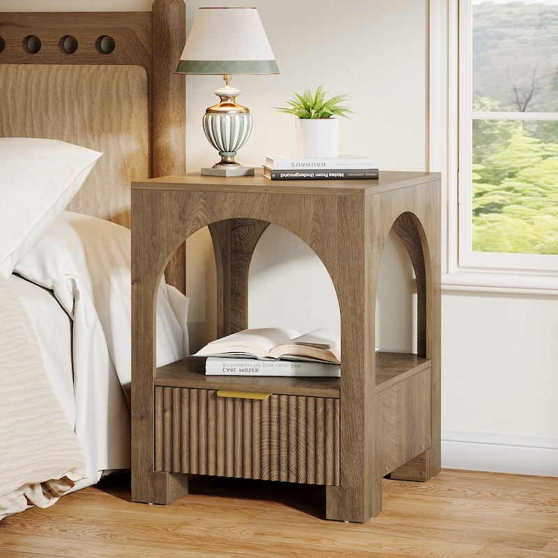 Wood Nightstand with Drawer & Open Shelf, 2-Tier Side Table, End Table, Bedside Table for Bedroom, Living Room