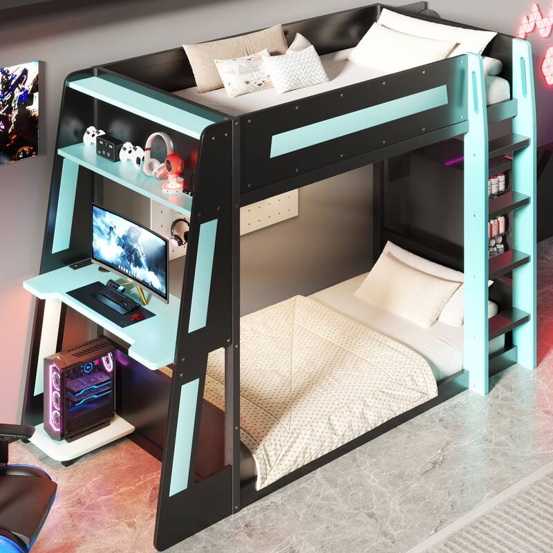 Gaming Bunk Bed with Computer Desk, Storage Shelves, USB Port and LED Strip Lighting, Esports Design, Wooden Gaming Bed - Black Blue - Twin
