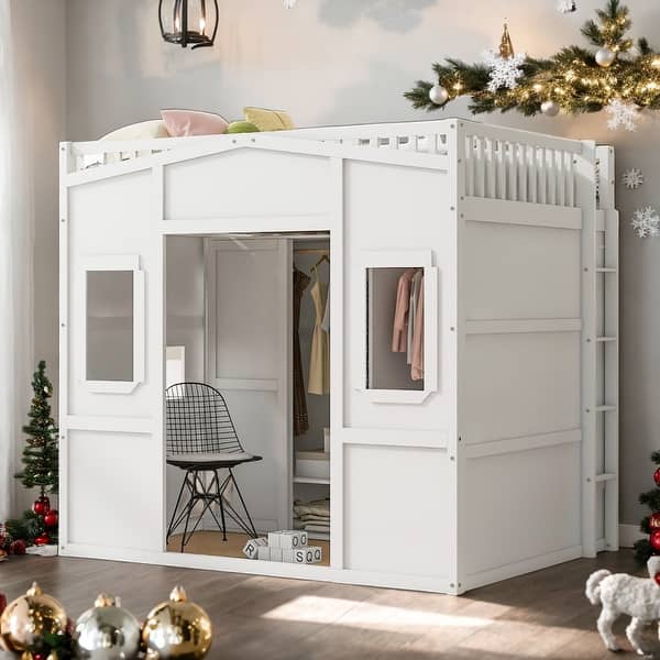 slide 2 of 20, Full Size House Loft Bed With Ladder and Wardrobe, Stability, White White