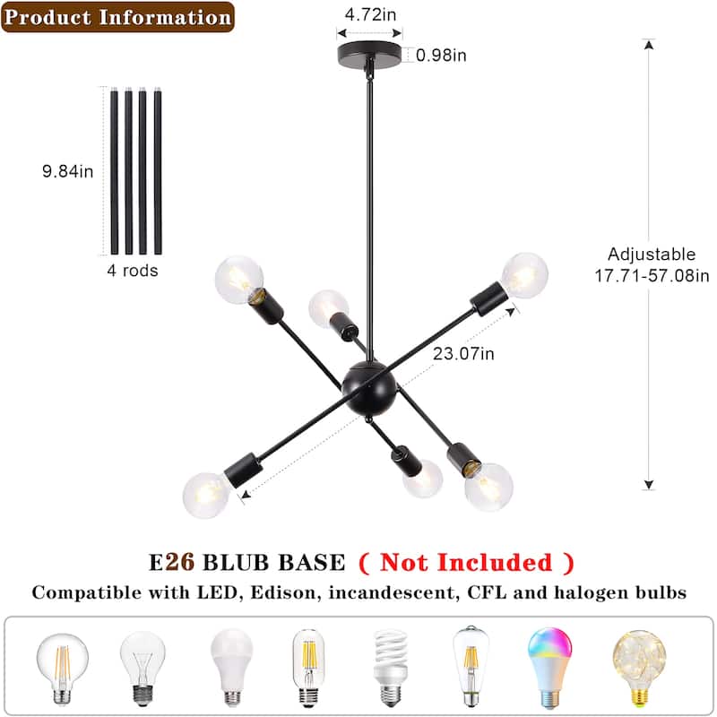 6-Light Sputnik Chandelier for Living Room Bedroom