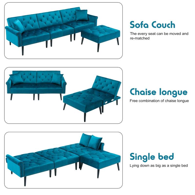 Convertible Velvet Sofa Couch, Sectional Sofa with Ottoman, Mid-Century Futon Sofa Bed - 32"D x 100.7"W x 29.9"H
