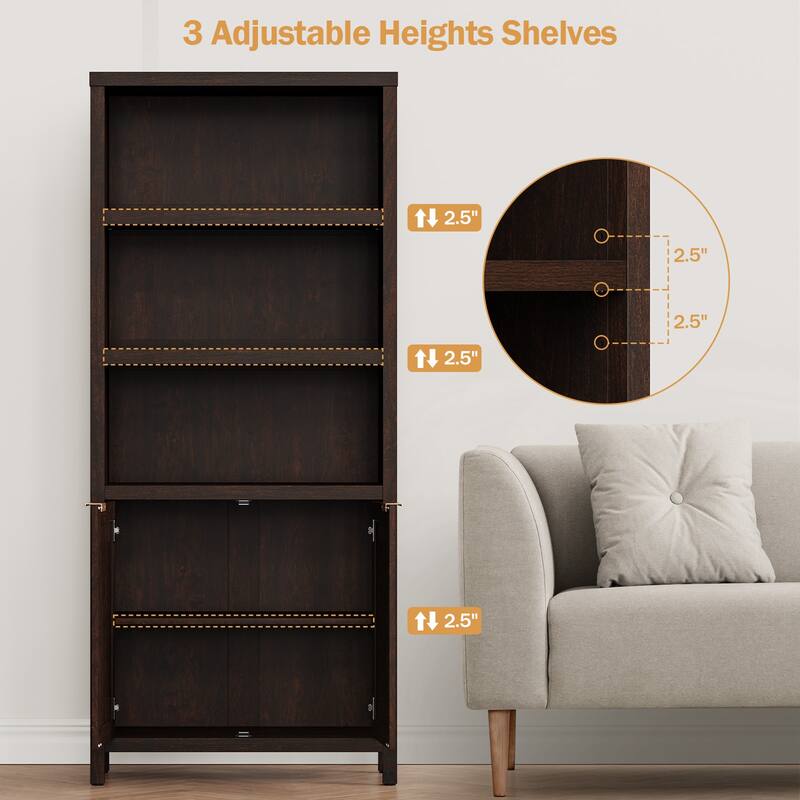 SICOTAS 5 Tier Adjustable Bookcase with Rattan Storage Cabinet