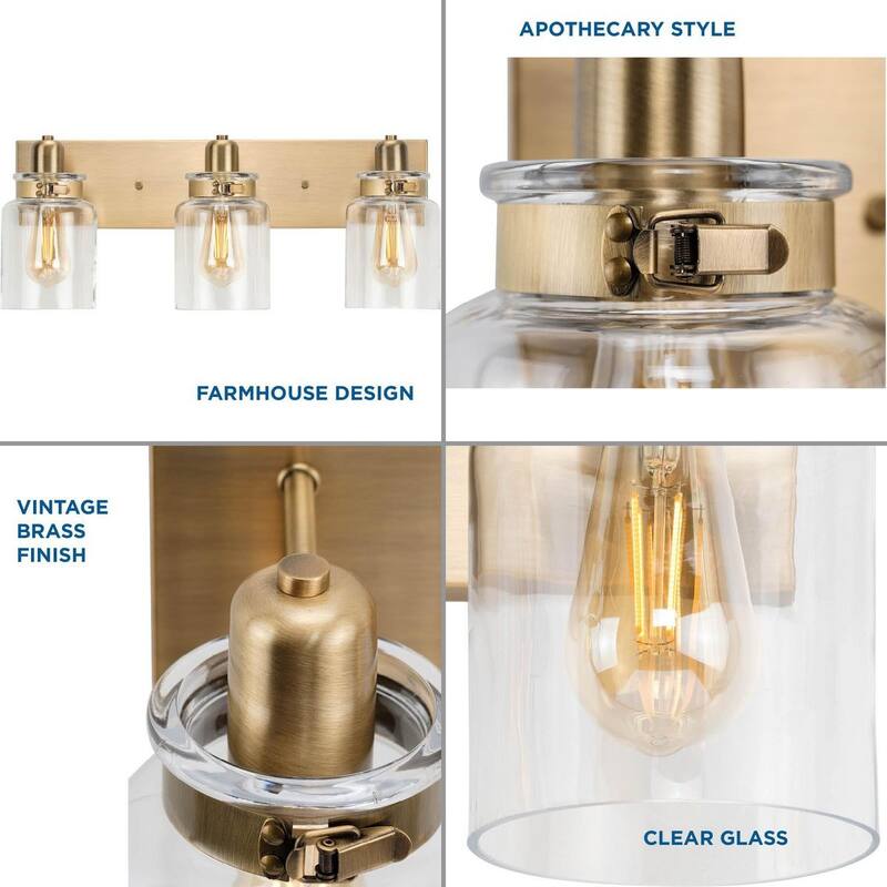 Calhoun Collection Three-Light Vintage Brass Clear Glass Farmhouse Bath Vanity Light - 21.625 in x 6.875 in x 8.625 in - 21.625 in x 6.875 in x 8.625 in