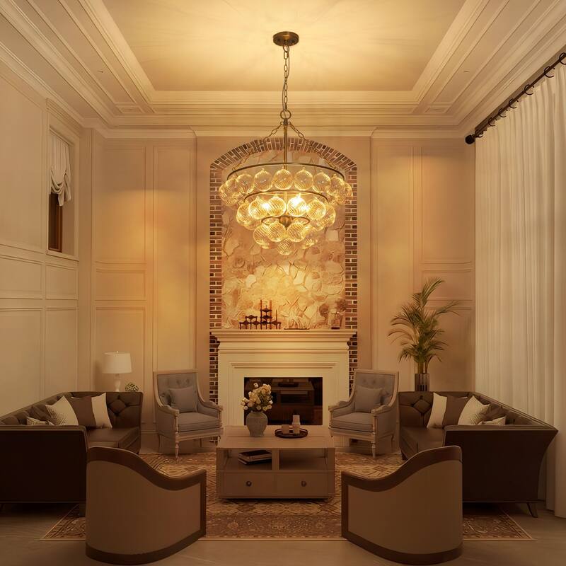 22.8" 4-Light Modern Glam Tiered Cluster Gold Clear Ribbed Glass Globe Shades Chandelier for Living Room