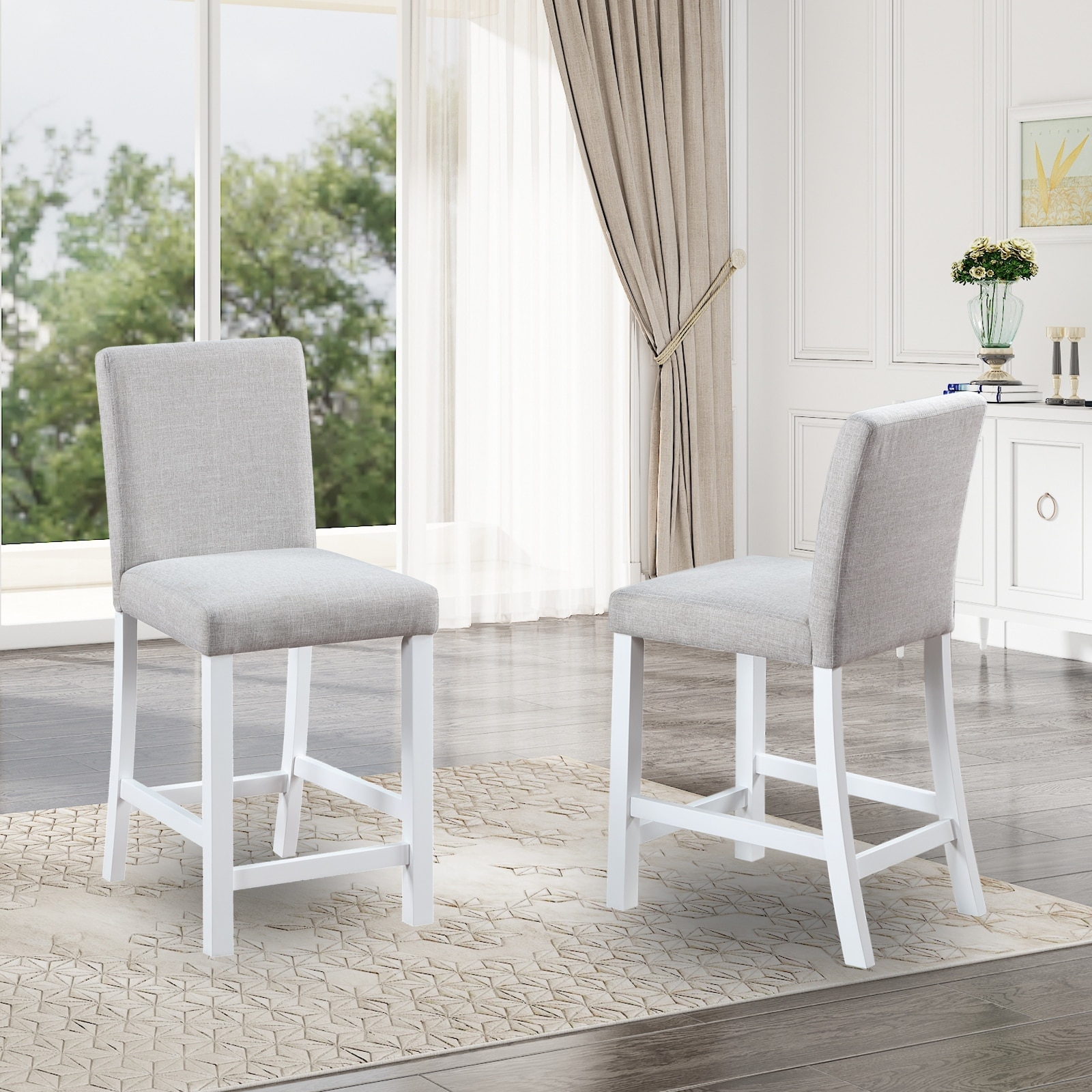 Counter Height Chairs set for 4, Kitchen Chair with Padded Seat, Counter Height Barstool for Dining Room, White & Gray