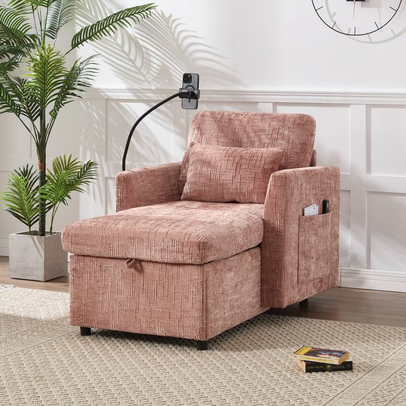 HOMEFUN Chenille Upholstered Storage Lazy Single Leisure Chair Sofa with Phone Holder - Pink