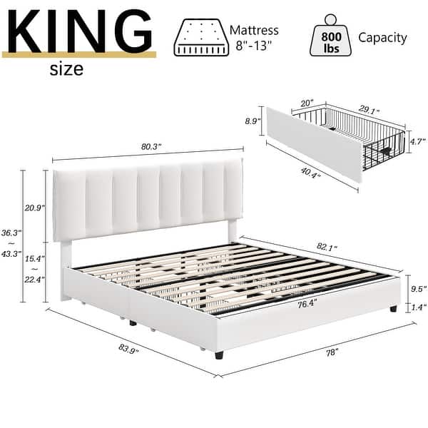dimension image slide 12 of 17, Javlergo Bed Frame with Storage Drawers Upholstered Platform Bed Frame with Adjustable Headboard