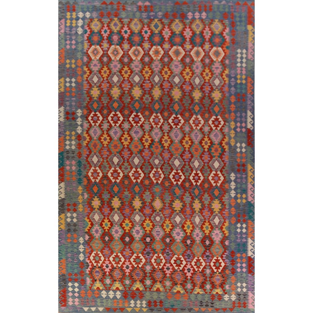 Geometric Kilim Oriental Large Rug Flatweave Dining Room Wool Carpet - 9'10"x 16'1"