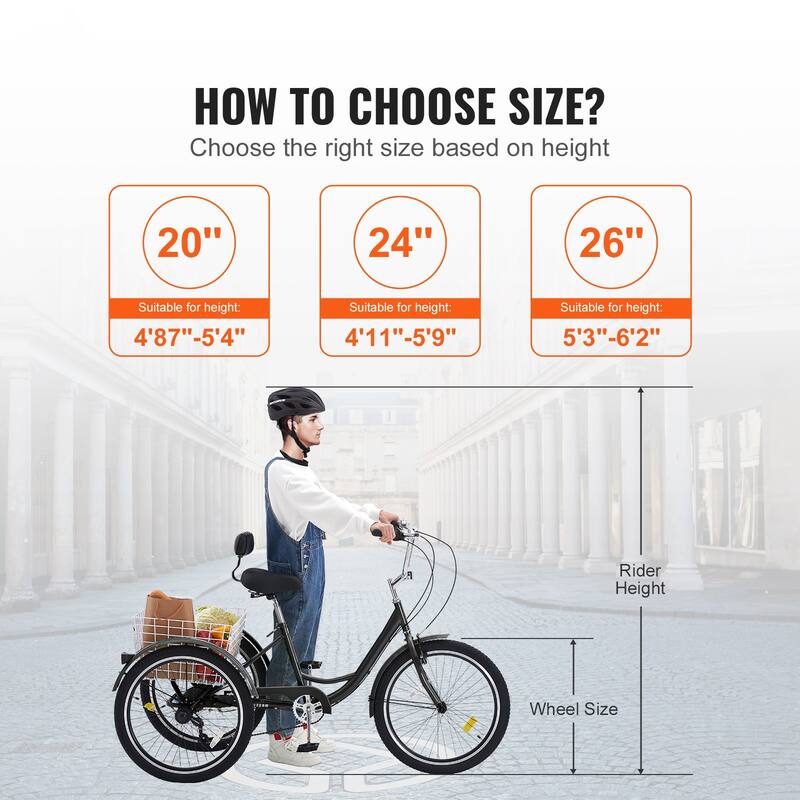 Black Carbon Steel 3-Wheel Bike with 7-Speed and Cargo Basket - 68.5” L x 29.9” W x 44.9” H