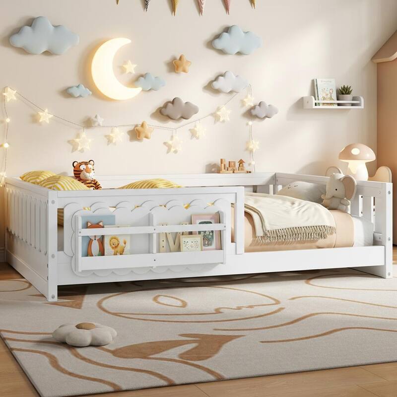 Wood Platform Bed with Guardrails and Built-In Bookshelves by Harper&Bright Designs - White - Full