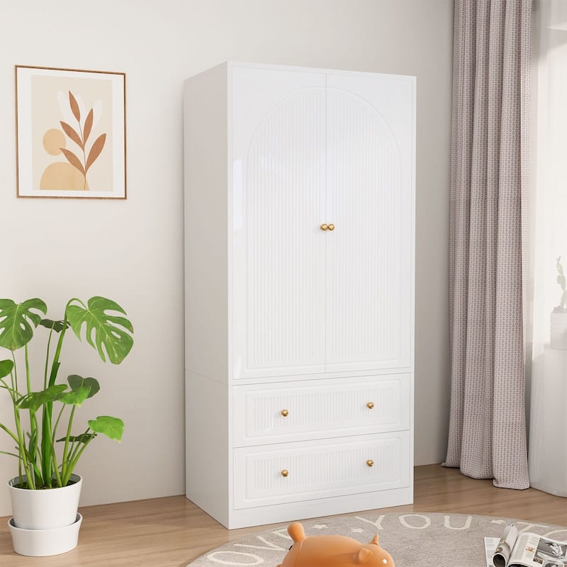 Gymojoy 71" Wardrobe Closet with 2 Doors & 2 Drawers, Modern White Wooden Armoire with Hanging Rod & Gold Handles - White