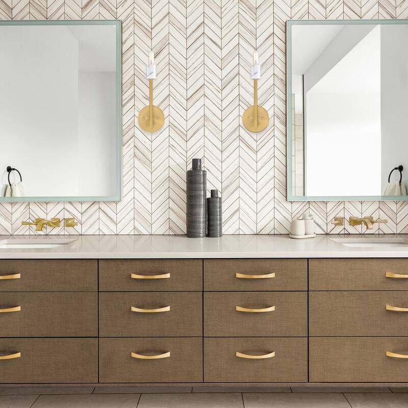 Star Dust 5.25 in. 1-Light Brushed Gold Wall Sconce Light with Natural Marble Accent for Bathrooms