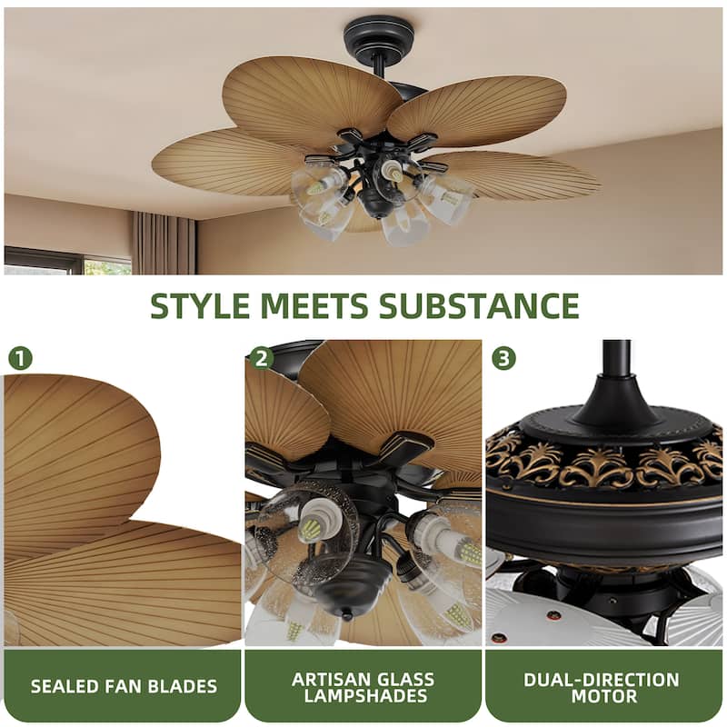 Moasis Tropical Ceiling Fans with Light and Remote, 52 Inch Palm Leaf Fanlight with Clear Seeded Glass Light Kit