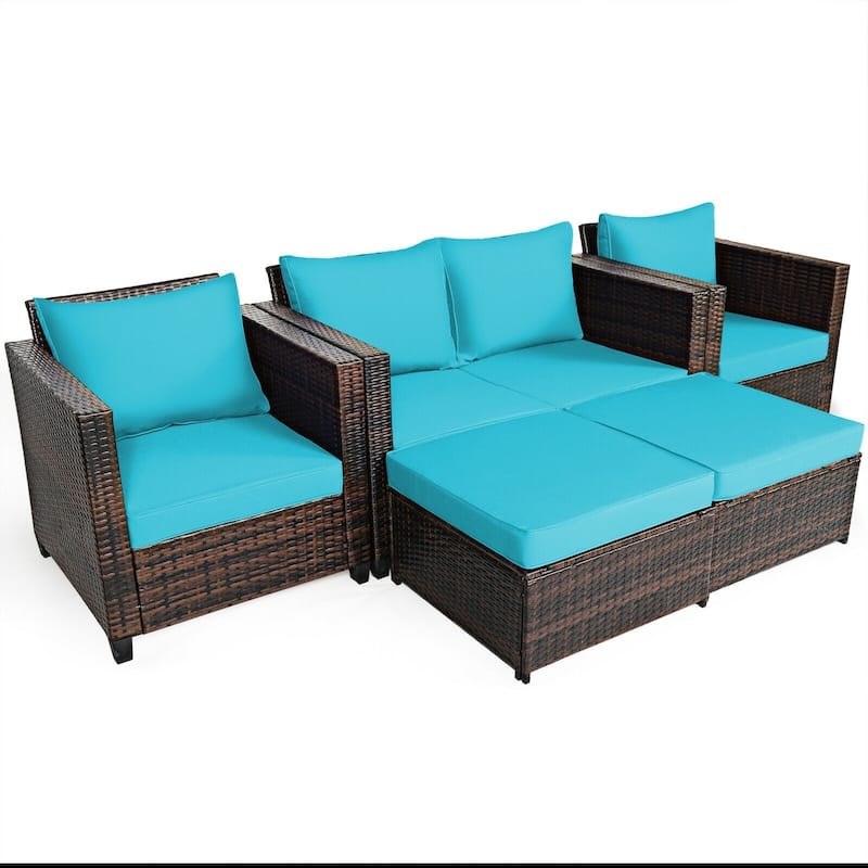 5 Pieces Patio Cushioned Rattan Furniture Set - 50" x 30.5" x 29" (L x W x H)