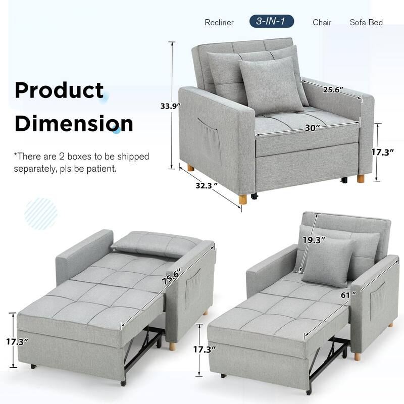 AECOJOY Adjustable Sleeper Chair Bed 3-in-1 Convertible Futon Sofa