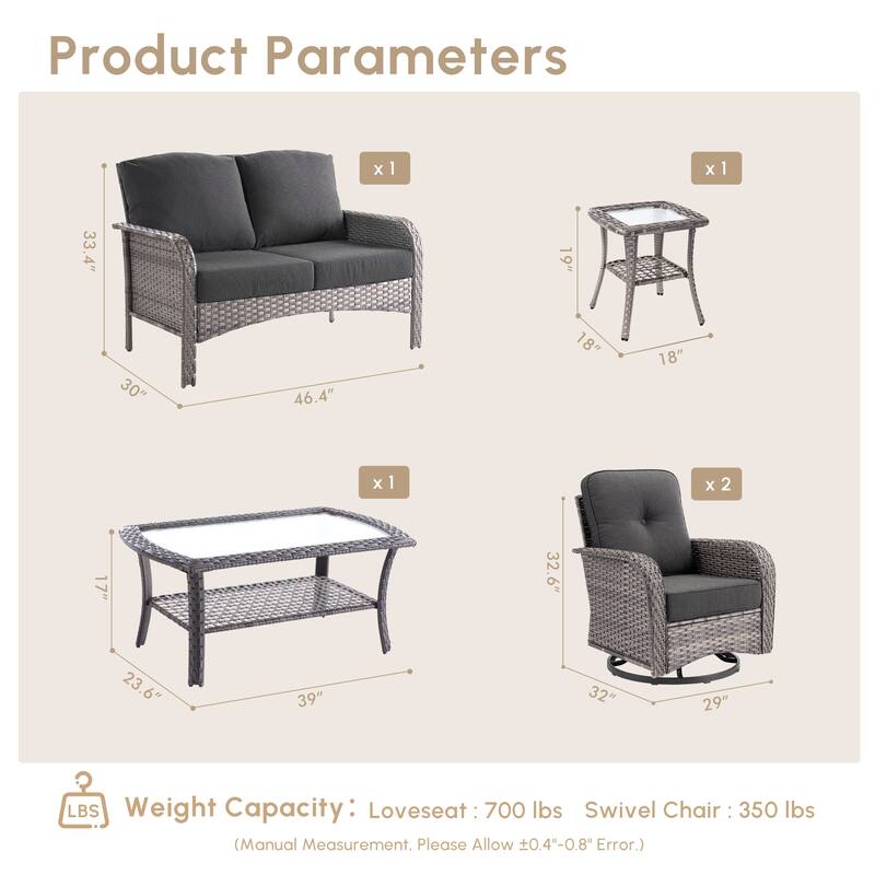 HOOOWOOO 5-piece Grey Wicker Furniture Chat Set Patio Conversation Set with Swivel Chair