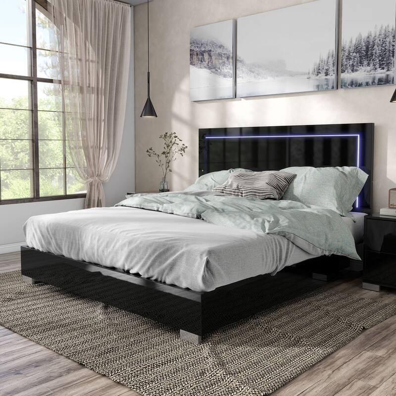 Furniture of America Erina Modern Glossy Panel Bed with LED Light Headboard