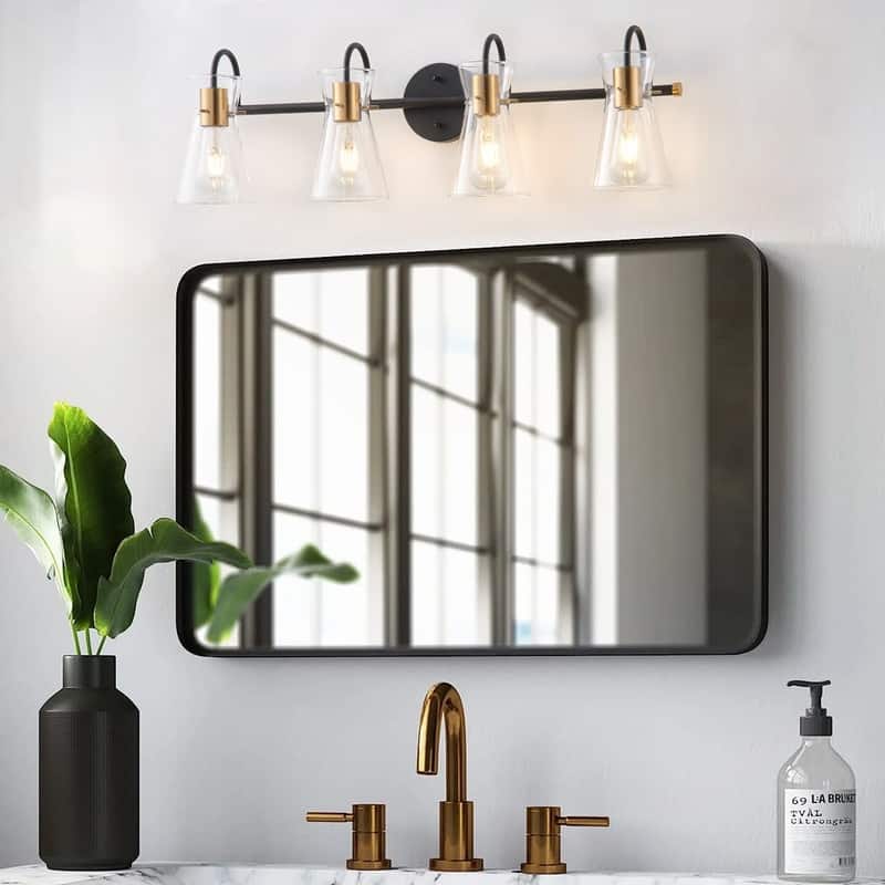 Modern 4-Light Bathroom Vanity Light with Clear Glass Shades, Black and Brass Finish