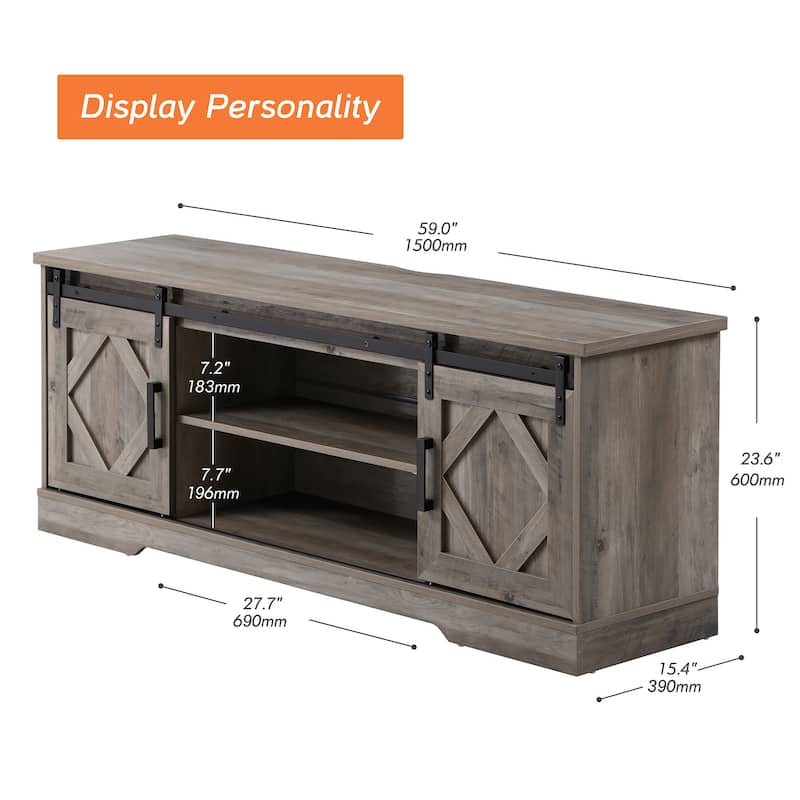 Farmhouse Sliding Barn Door TV Stand Rustic Gray for TVs up to 65"