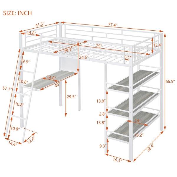 dimension image slide 0 of 2, Twin Size Loft Bed, Metal Twin Loft Bed Frame with 3 Layers of Shelves and Desk, Stylish Metal Bed with Whiteboard