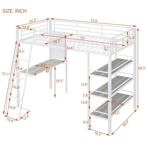 Twin Size Loft Metal Bed with 3 Layers of Shelves and Desk , Modern Metal Frame with Built-In Whiteboard