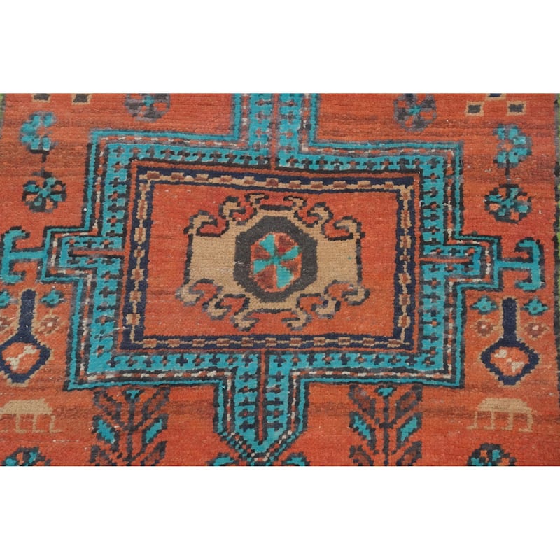 Hand Knotted Oriental 100% Wool Carpet Traditional Geometric Oranges & Rust Heriz Runner Rug - 8' 8'' X 3' 0''