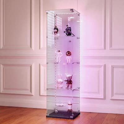 Tempered Glass Display Cabinet with Bluetooth LED Lights, Lockable Doors, Storage Shelves and Casters
