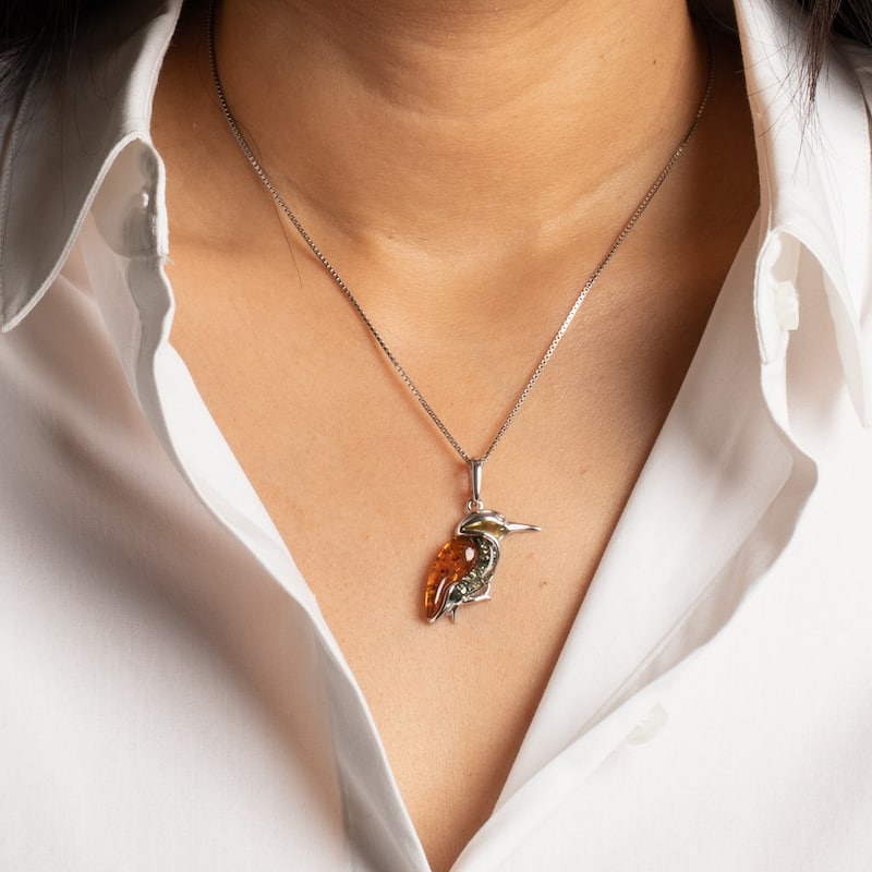 Amber Hummingbird Pendant in Sterling Silver