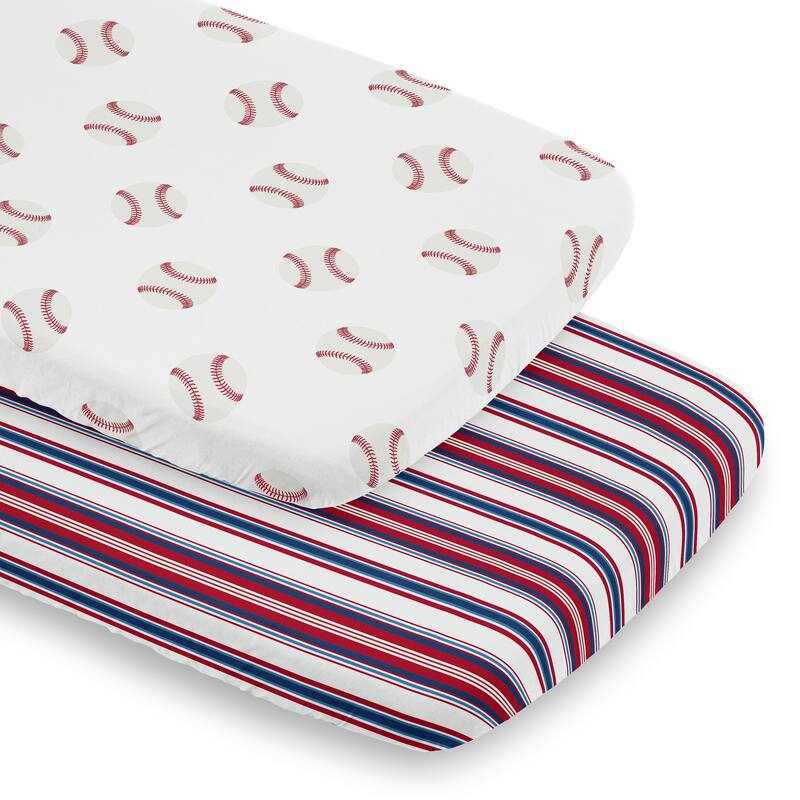 Sweet Jojo Designs Baseball Sport Boy 2 Pack Baby Bassinet Fitted Sheets Red White and Blue Stripes Striped Americana Sports