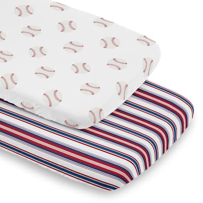 Sweet Jojo Designs Baseball Sport Boy 2 Pack Baby Bassinet Fitted Sheets Red White and Blue Stripes Striped Americana Sports
