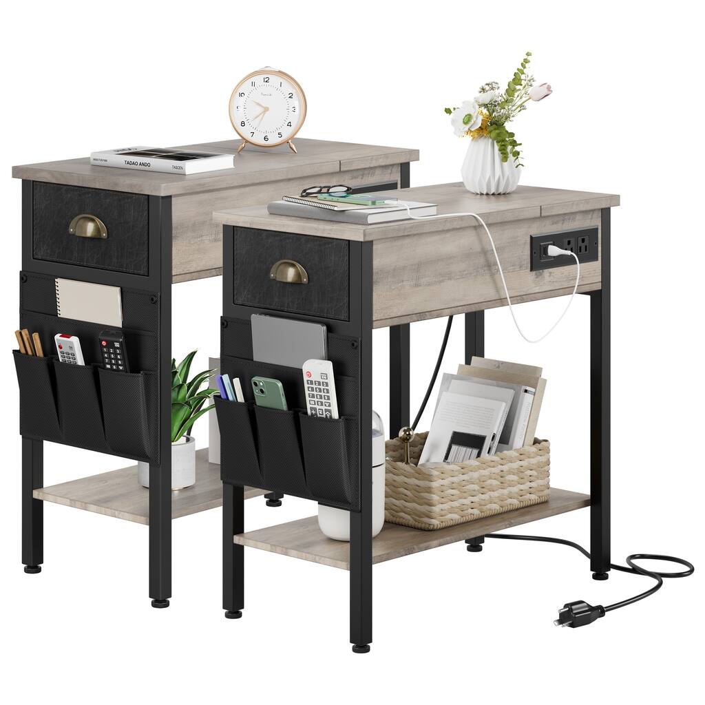 2-Piece Coffee Table with Charging Station,Bedside Table with Drawers
