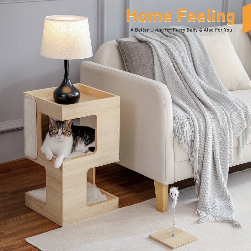 Modern Indoor Cat Tree Cat Condo with Free Cat Toy, Scratching Pad and Removable Soft Mats