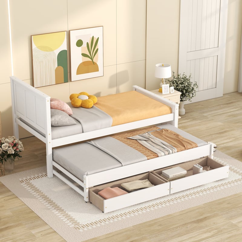 White Twin Platform Bed with Trundle and Storage Drawers, Solid Pine Wood Frame