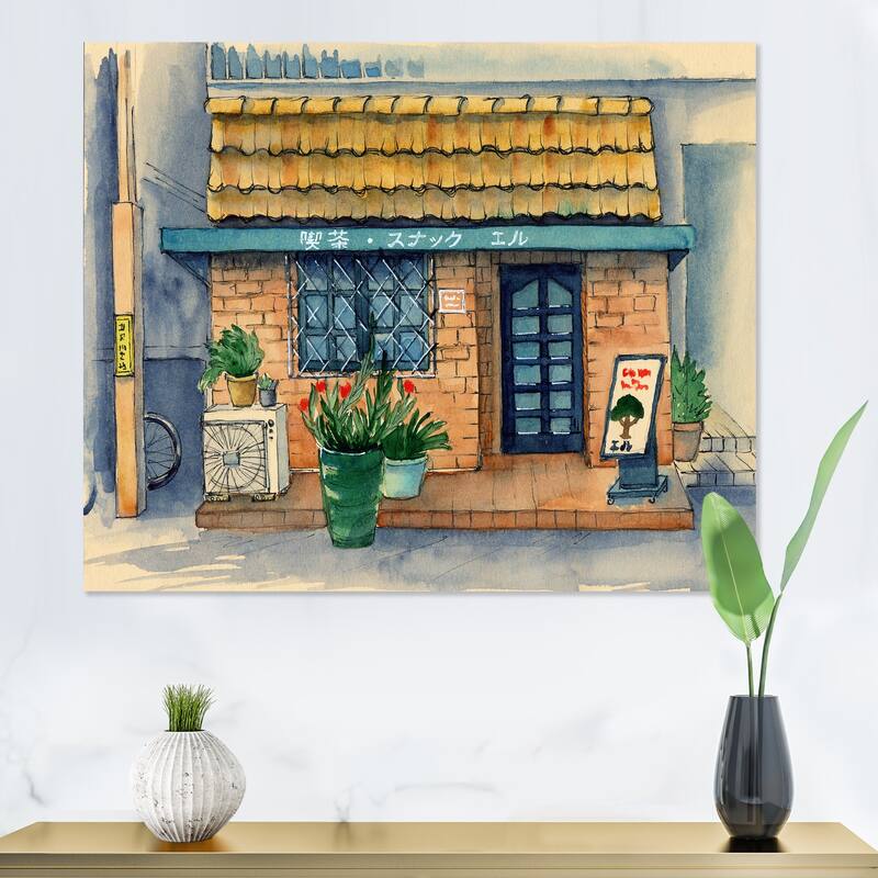Designart "Small Asian Cafe Under A Tiled Roof" Industrial Canvas Wall Art Print - 44 in. wide x 34 in. high