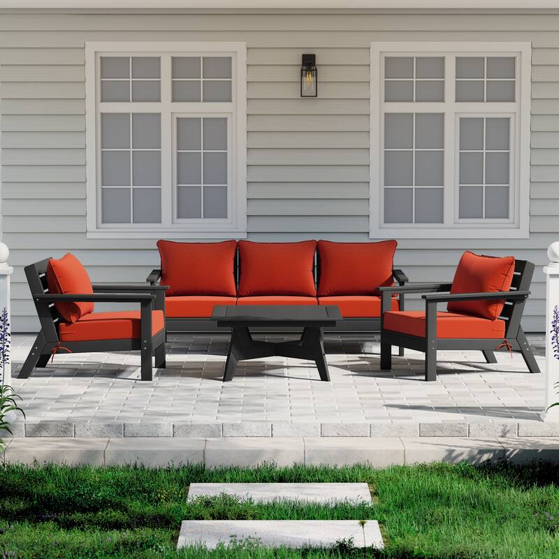 Birchwood All Weather HDPE Outdoor Patio Black Deep Seating Conversation Set (6-Piece Set) - Black/Orange