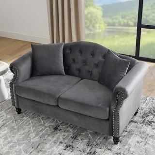 Chesterfield Velvet Tufted Loveseat with Rolled Arms & 2 Pillows, Grey ...