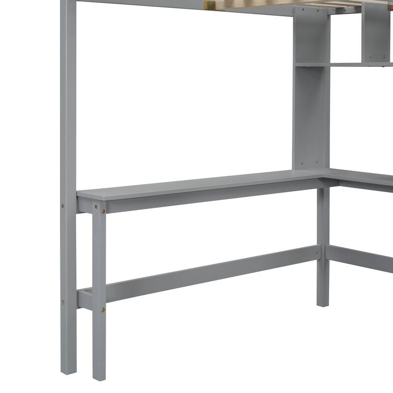 Full Size Loft Bed with Built-in Bookshelf, Drawers, Desk and Wardrobe in Gray