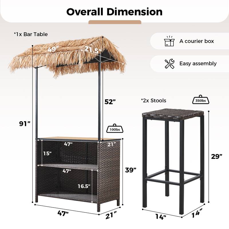 Pocassy Outdoor Tiki Bar Patio Set with 2 Stools Storage for Garden