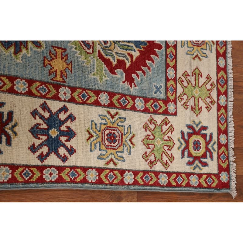 Traditional Light Blue Geometric Kazak Rug Hand-Knotted Wool Carpet - 4'11" x 6'9"