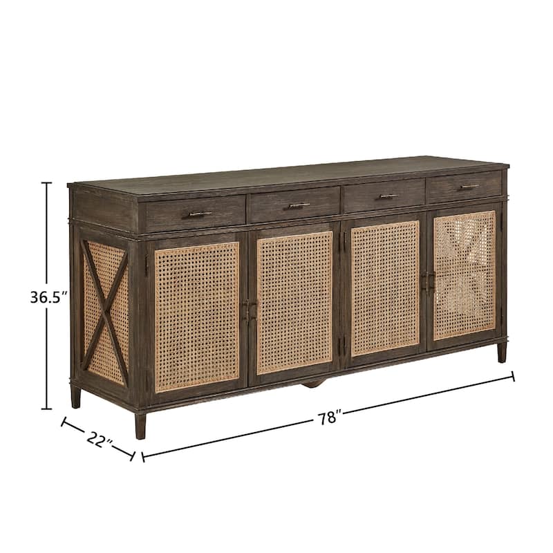 Cambridge 78-inch Open Cane Buffet with Shelves & Drawer Storage