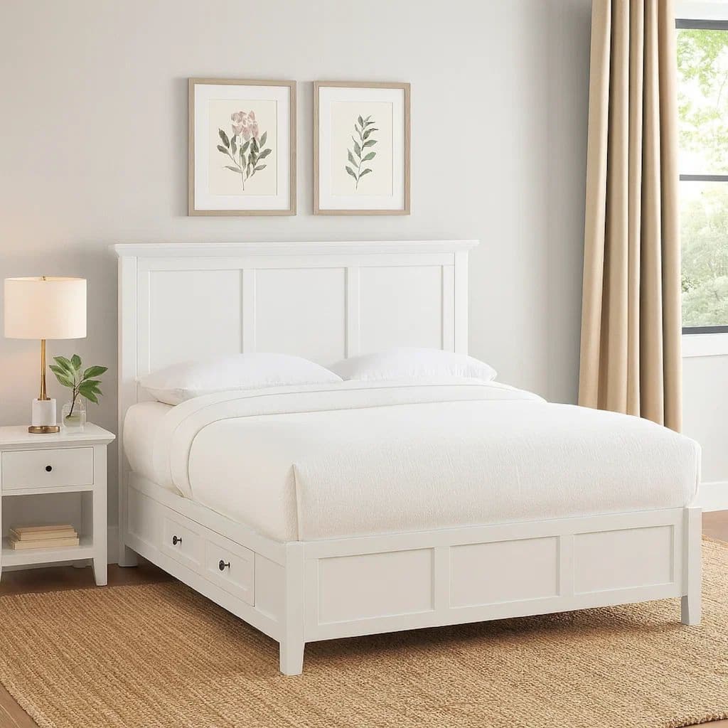 Neo King Size Bed, Panel Design Farmhouse Wood Frame with Slats, White