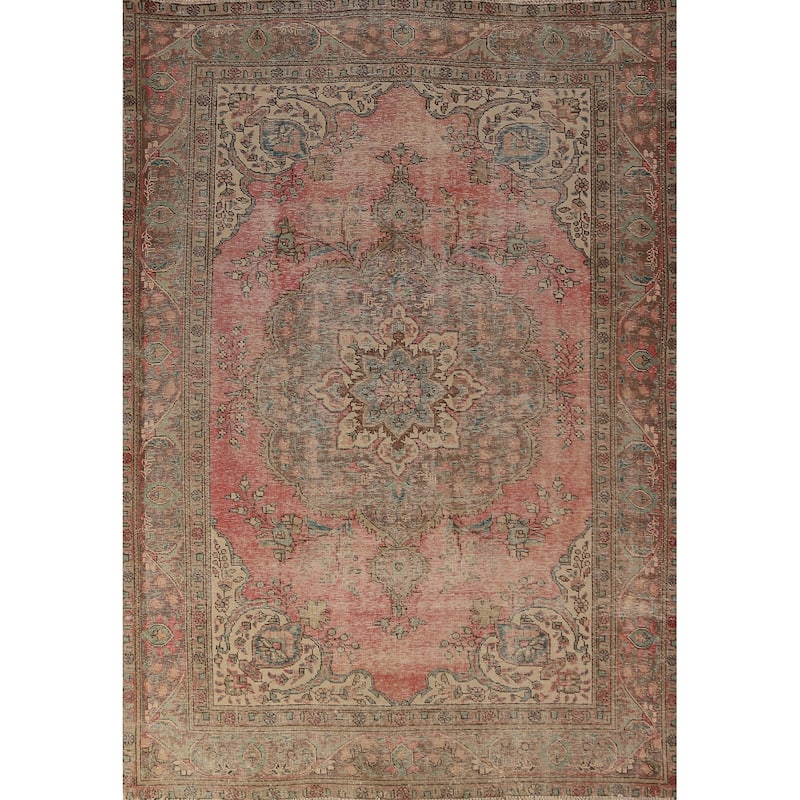 Pink Tabriz Persian Vintage Area Rug Handmade Wool Carpet - 6'3" x 9'5"