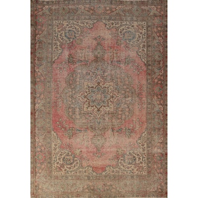 Pink Tabriz Persian Vintage Area Rug Handmade Wool Carpet - 6'3" x 9'5"