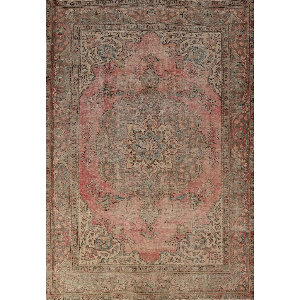 Pink Tabriz Persian Vintage Area Rug Handmade Wool Carpet - 6'3" x 9'5"