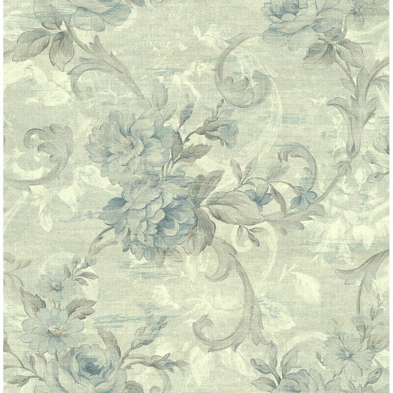 Seabrook Designs Friso Scrolling Acanthus Floral Unpasted Wallpaper - 20.5 in. W x 33 ft. L - Metallic Sapphire & Grey