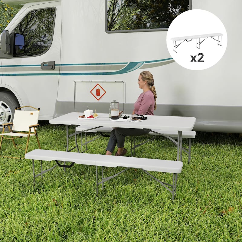 6 Feet Set of 2 Folding Outdoor Camping Picnic Benches with Metal Frame and HDPE Waterproof Top - 71.7" L x 11" W x 16.5" H